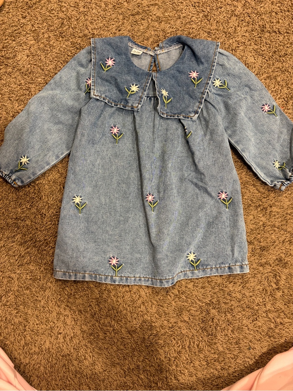 Denim Embroidered Flower Kids dress - Light Blue